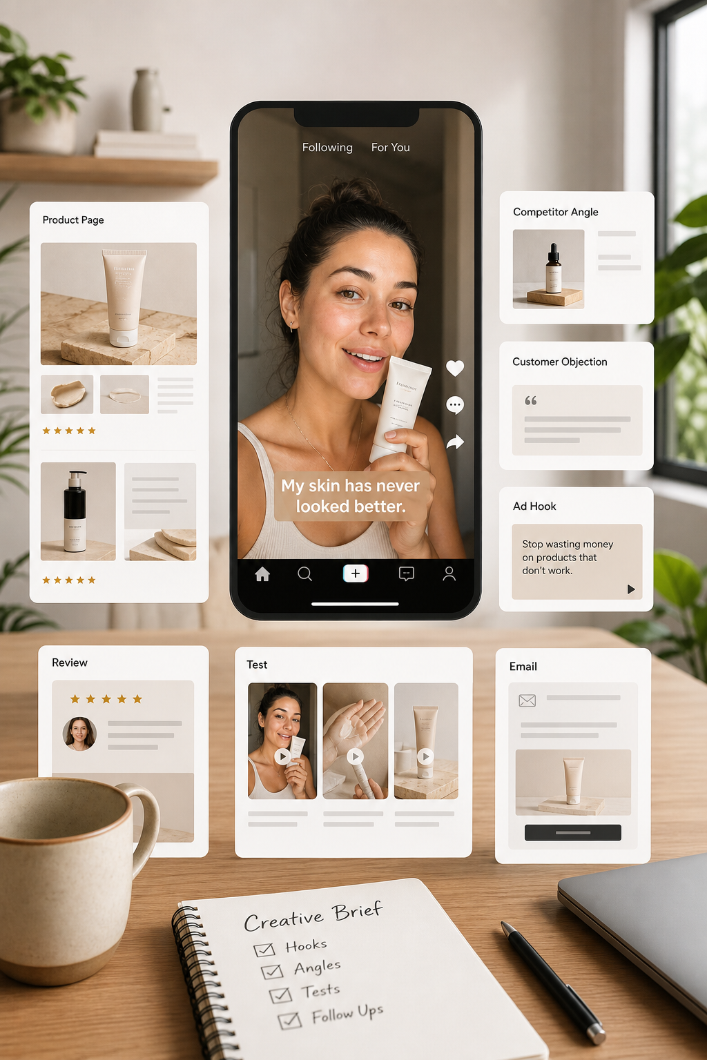 A social video creative brief with product page, customer objection, ad hook, test, and email panels